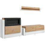 Συνθετό σαλονιού LIPUS με Τζάκι σε απόχρωση Φυσικό-Λευκό 290x45x150