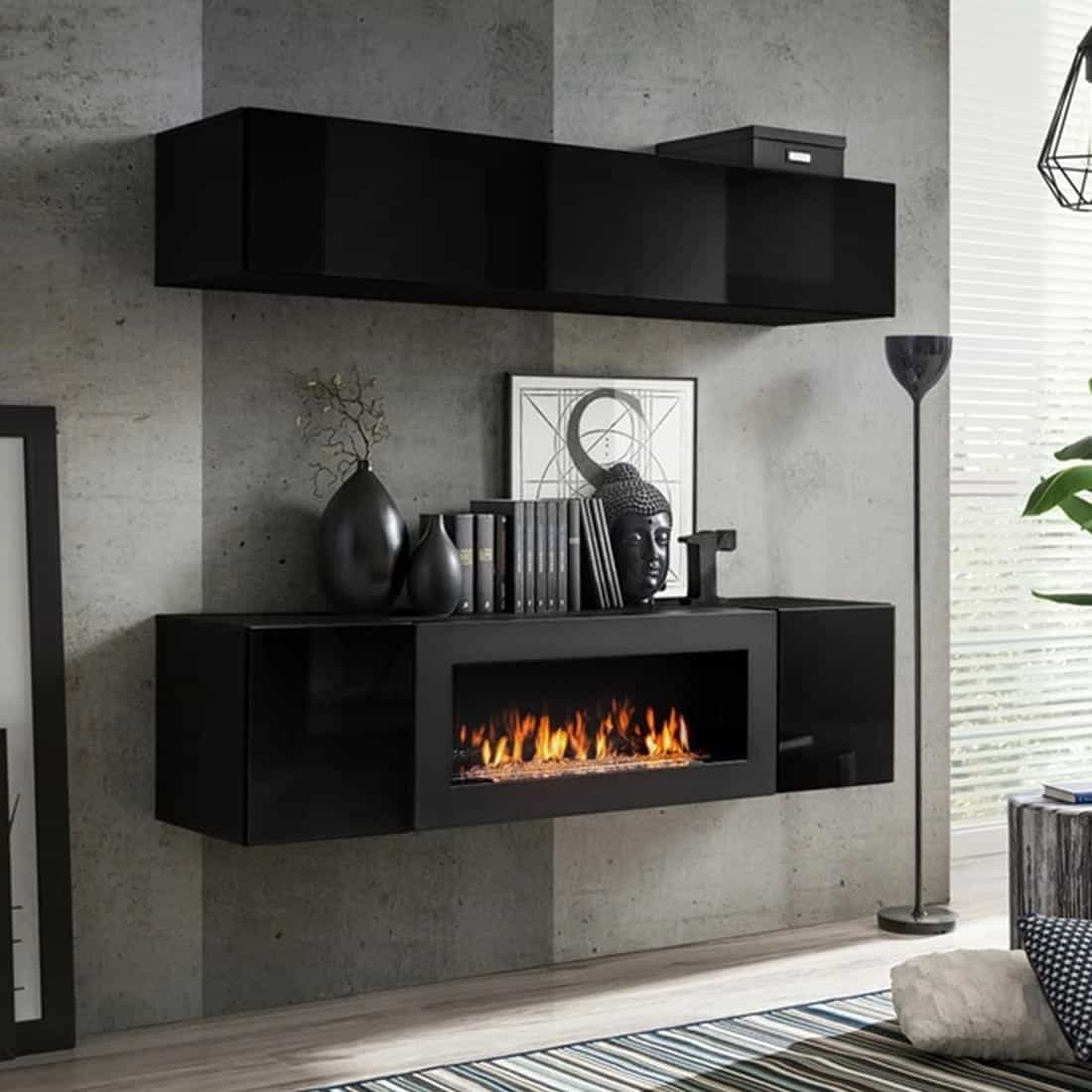 Έπιπλο σαλονιού με Τζάκι σε απόχρωση Μαύρο γυαλιστερό 160x40x40