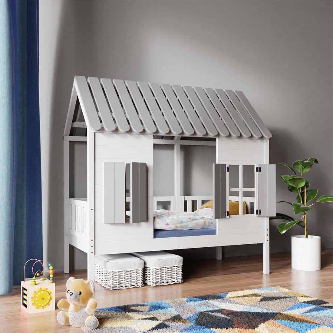 Κρεβάτι σπιτάκι από μασίφ ξύλο σε απόχρωση Λευκό ματ-Γκρι 80x160