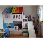 Κουκέτα με σπιτάκι με σκάλες μαζί με Τσουλήθρα και αποθηκευτικό χώρο σε χρώμα rainbow 90×200