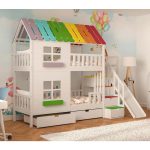 Κουκέτα με σπιτάκι με σκάλες μαζί με Τσουλήθρα και αποθηκευτικό χώρο σε χρώμα rainbow 90×200