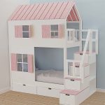 Κουκέτα με σπιτάκι με σκάλες και αποθηκευτικό χώρο σε χρώμα λευκό – ροζ 90×200