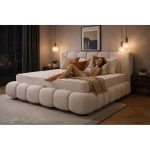 Κρεβάτι Διπλό με αποθηκευτικό χώρο με Μπουκλέ ύφασμα Εκρού 160×200