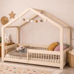 Montessori Κρεβάτι Παιδικό Σπιτάκι με Κάγκελο σε Κασμίρ 100×200