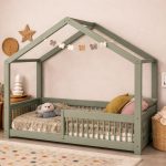 Montessori Κρεβάτι Παιδικό Σπιτάκι με Κάγκελο σε Λαδί 100×200