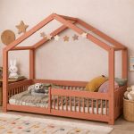 Montessori Κρεβάτι Παιδικό Σπιτάκι με Κάγκελο σε Dusty Pink 100×200