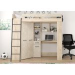 Υπερυψωμένο Κρεβάτι (Loft) με Γραφείο & Ντουλάπα Endgrain Oak / Granada Almond 80×200