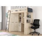 Υπερυψωμένο Κρεβάτι (Loft) με Γραφείο & Ντουλάπα Endgrain Oak / Granada Almond 80×200