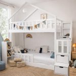 Κουκέτα με Σπιτάκι μασίφ Ξύλο με Σκάλες σε Λευκό ματ σε Λευκό 90×200