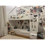 Κουκέτα με Σπιτάκι μασίφ Ξύλο με Σκάλες σε Λευκό ματ σε Λευκό 90×200
