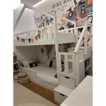 Κουκέτα με Σπιτάκι μασίφ Ξύλο με Σκάλες σε Λευκό ματ σε Λευκό 90×200