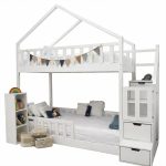 Κουκέτα με Σπιτάκι μασίφ Ξύλο με Σκάλες σε Λευκό ματ σε Λευκό 90×200