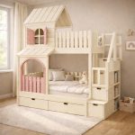 Κουκέτα μονή – ημίδιπλη με σπιτάκι με συρτάρια σε Εκρού - Ροζ 90×200