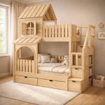 Κουκέτα μονή – ημίδιπλη με σπιτάκι με συρτάρια σε φυσικό 90×200