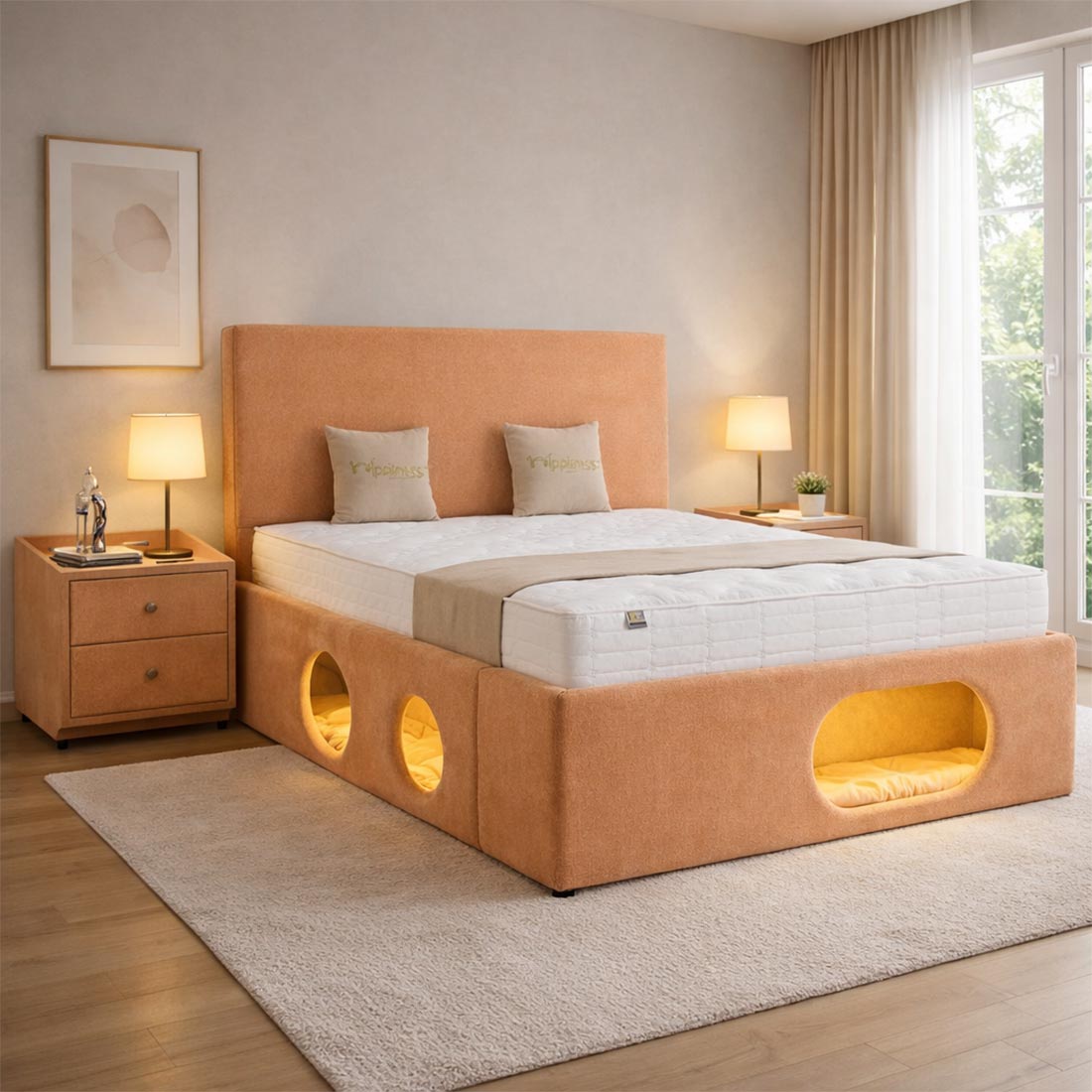 Κρεβάτι Διπλό Pet Bed Ντυμένο σε Ύφασμα Μπεζ 160×200