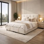 Κρεβάτι Διπλό υφασμάτινο με αποθηκευτικό χώρο σε μπουκλέ Εκρού 160×200