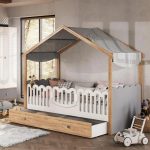 Παιδικό Κρεβάτι Σπιτάκι Montessori με Αποθηκευτικό Συρτάρι σε Φυσικό - Γκρι 100x200