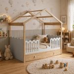 Παιδικό Κρεβάτι Σπιτάκι Montessori με Αποθηκευτικό Συρτάρι σε Φυσικό - Γκρι 100x200