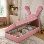 Παιδικό Επενδυμένο Κρεβάτι Bunny Light Ροζ Δεξιά 100x200 με Αποθηκευτικό Χώρο
