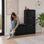 Παπουτσοθήκη με Κάθισμα σε Μαύρη Απόχρωση 104.8x26x118.5