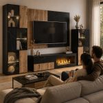 Σύνθεση Τηλεόρασης με Βιοτζακι Βιτρίνες & LED σε Μαύρο -Δρυς Viking - Μαύρο Μάρμαρο 280x45x182