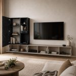 Σύνθεση Σαλονιού TV με Βιοτζάκι σε Γκρι Πηλό & Μαύρο Μάρμαρο 270x40x158