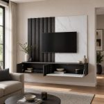 Σύνθεση Σαλονιού TV σε Δρυς Γραφίτη & Λευκό Μάρμαρο 160x35x148