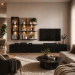 Σύνθεση Σαλονιού TV με LED σε Dąb Viking & Μαύρο Ματ 300x45x160
