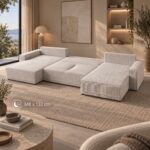 Γωνιακός Καναπές Primo U Μπεζ κοτλε Pet Friendly με Κρεβάτι & Αποθηκευτικό Χώρο – 390×185×86 cm